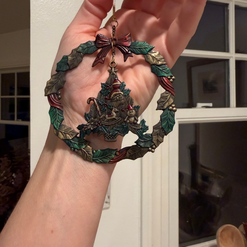 Festive Vintage Metal Wreath Ornament with Santa and Reindeer